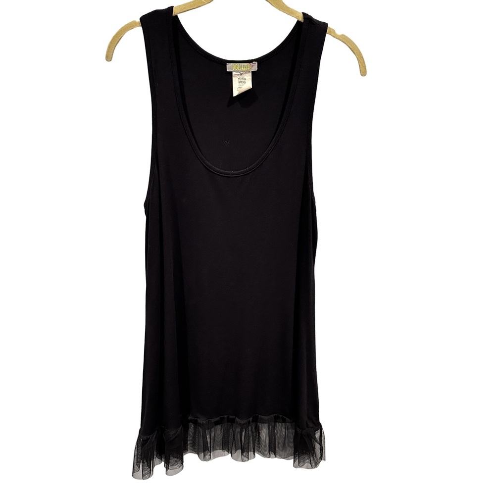 Dolcezza Black Long Tank Top with Sheer Ruffled Hem for Layering M‎
